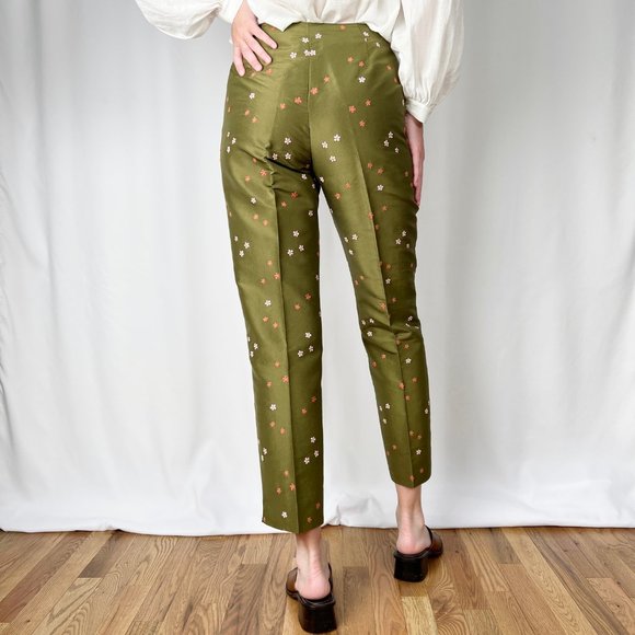 Vintage 100% Silk Embroidered Floral High Waisted Straight Slim Trouser Pants 4 - Picture 4 of 6